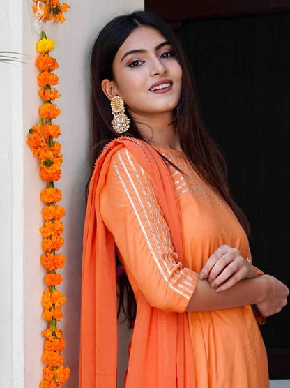 Orange Rayon Gotta Work Kurti with Palazzo & Chiffon Dupatta