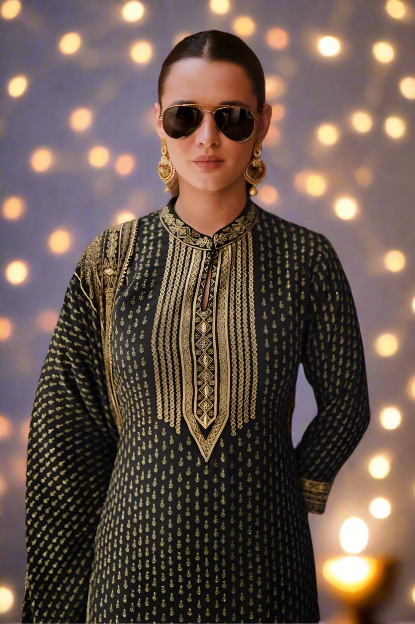 Dilkash - Crepe Shirt with Digital Print, paired with Gharara and Dupatta.