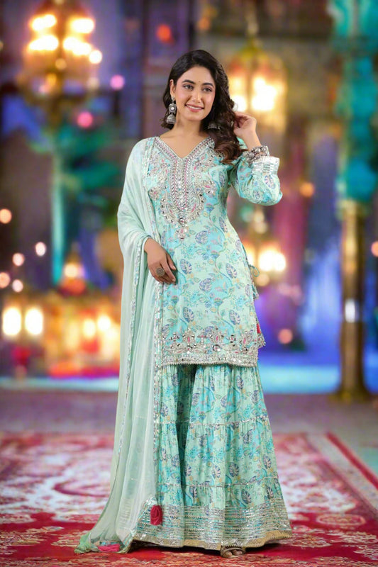 Nargasi - Blue - Exquisite Floral Print Muslin Kurti Set with Gota Detailing & Tassels