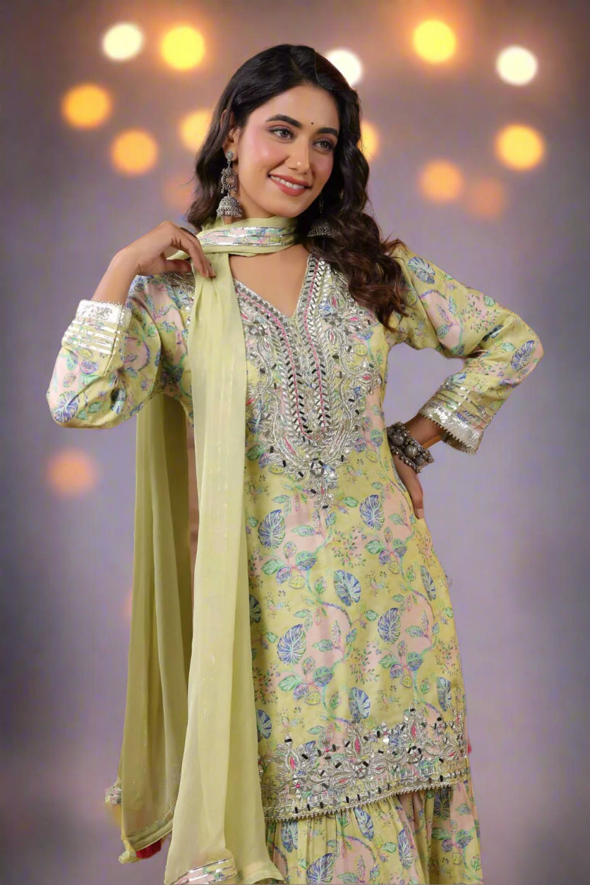 Nargasi - Lime Green - Exquisite Floral Print Muslin Kurti Set with Gota Detailing & Tassels