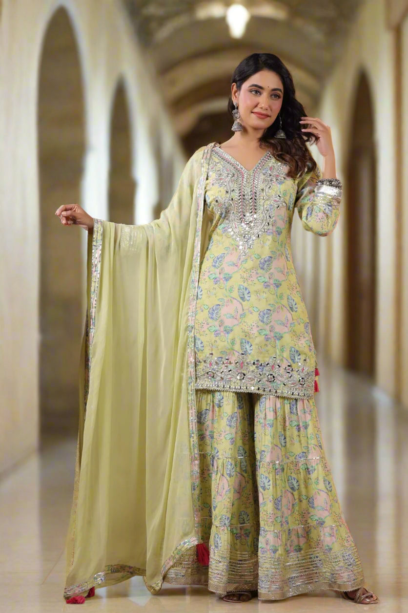 Nargasi - Lime Green - Exquisite Floral Print Muslin Kurti Set with Gota Detailing & Tassels